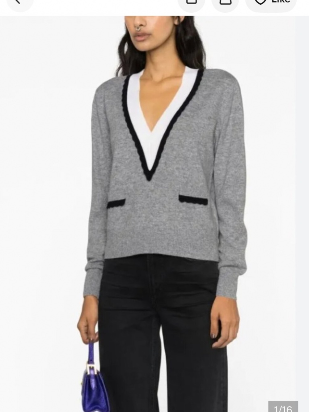 Brand New Sandro Alisson Two Tone Scallop Trim Sweater in mocked grey size 0/XS